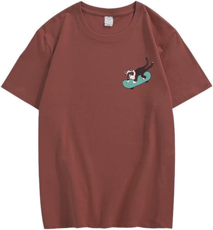 CORIRESHA Teen Kawaii Ropa Skateboard Cat Casual Cuello Redondo Camiseta de Algodón Suave