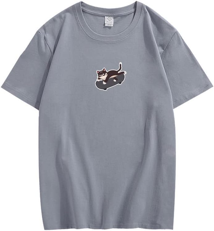 CORIRESHA Unisex Kawaii Ropa Cuello Redondo Manga Corta Lindo Monopatín Gato Camiseta Suelta