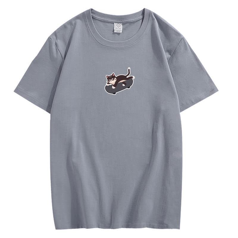 CORIRESHA Unisex Kawaii Ropa Cuello Redondo Manga Corta Lindo Monopatín Gato Camiseta Suelta
