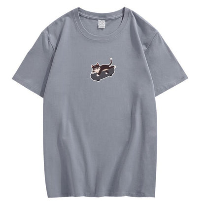 CORIRESHA Unisex Kawaii Ropa Cuello Redondo Manga Corta Lindo Monopatín Gato Camiseta Suelta