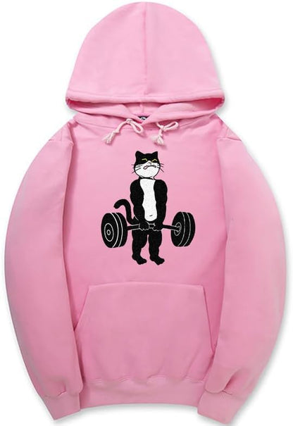 CORIRESHA Unisex Weightlifting Cat Hoodie Long Sleeve Drawstring Kangaroo Pocket Cotton Sweatshirt