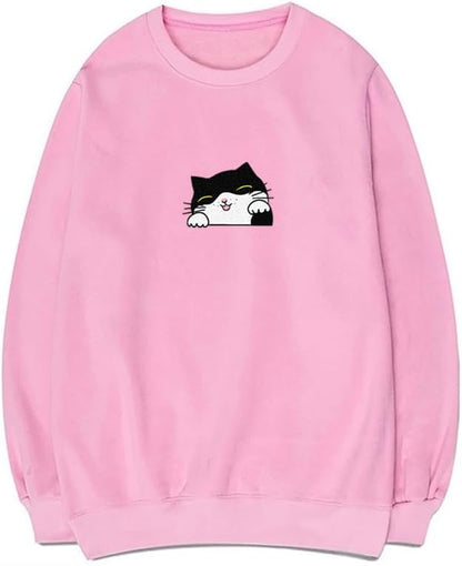 CORIRESHA Teen Cute Cat Casual Crew Neck Long Sleeve Basic Sweatshirt