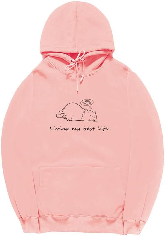 CORIRESHA Cute Sleeping Cat Hoodie Casual Drawstring Long Sleeve Cotton Teen Sweatshirt