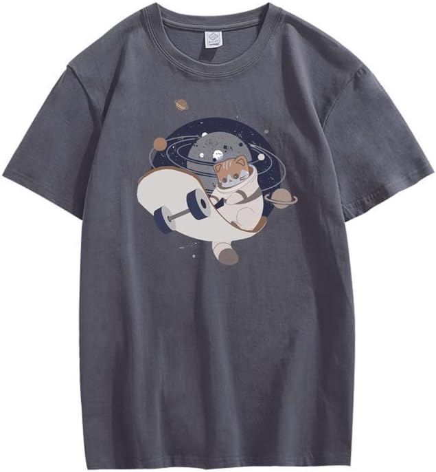 CORIRESHA Teen Cute Cat Skateboard Round Neck Short Sleeve Loose Space T-Shirt