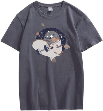 CORIRESHA Teen Cute Cat Skateboard Round Neck Short Sleeve Loose Space T-Shirt