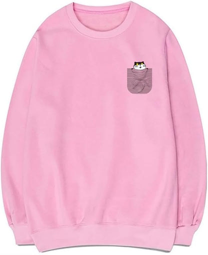 CORIRESHA Cute Pocket Cat Sweatshirt Crew Neck Long Sleeve Soft Cotton Pullover