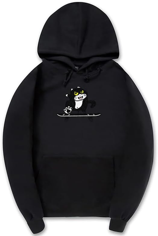 CORIRESHA Cute Cat Skateboard Long Sleeve Drawstring Kangaroo Pocket Hoodie Sweatshirt