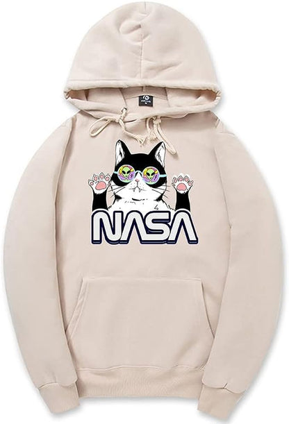 CORIRESHA Cat Lover Cute Hoodie Casual Long Sleeve Drawstring Cozy Teen NASA Sweatshirt