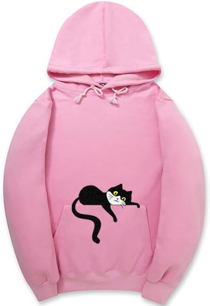 CORIRESHA Unisex Cute Lazy Cat Hoodie Long Sleeve Drawstring Pocket Cotton Sweatshirt