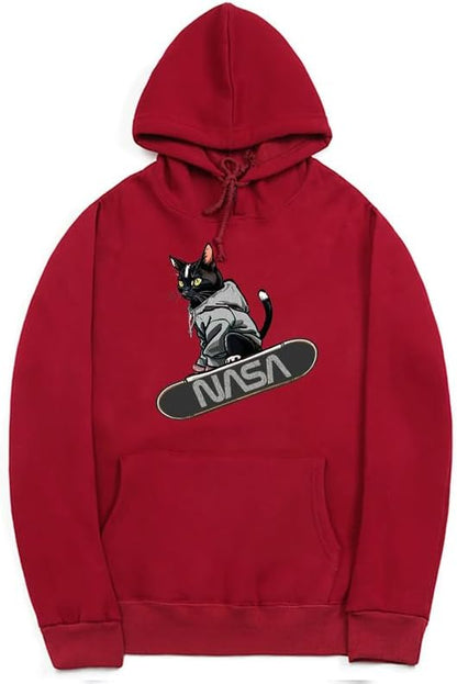 CORIRESHA Adolescente Lindo Gato Skateboarding Sudadera con capucha Casual Manga Larga Cordón Básico NASA Sudadera