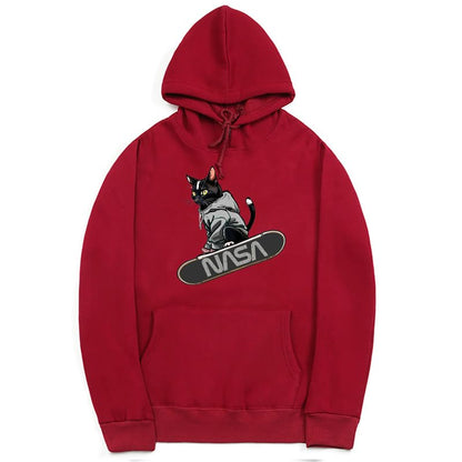 CORIRESHA Adolescente Lindo Gato Skateboarding Sudadera con capucha Casual Manga Larga Cordón Básico NASA Sudadera
