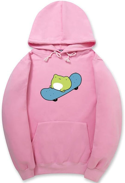 CORIRESHA Sudadera básica con capucha de rana para mujer, manga larga, bolsillo canguro, monopatín