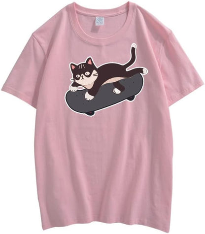 CORIRESHA Lindo monopatín gato gráfico cuello redondo manga corta acogedora camiseta adolescente