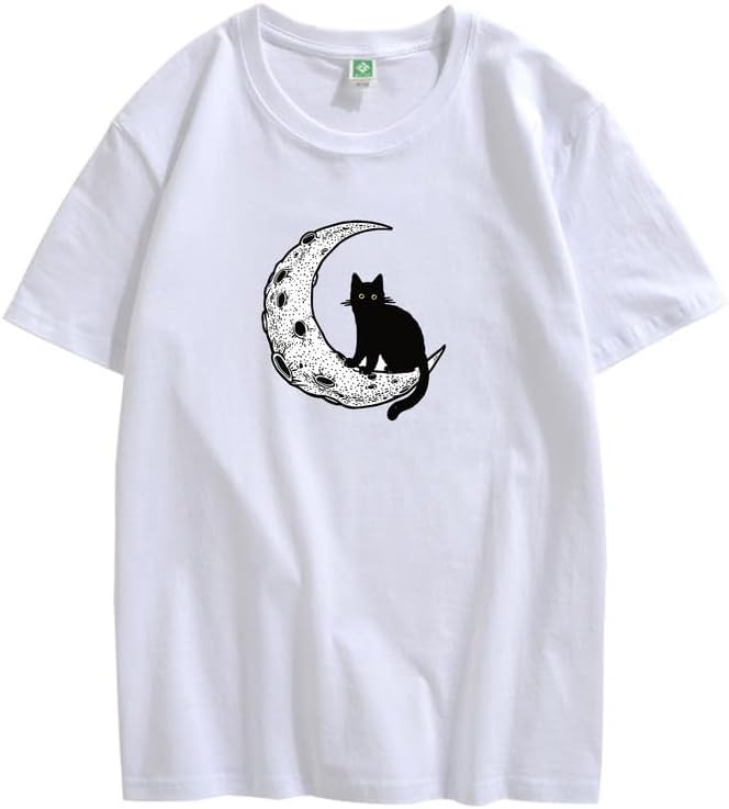 CORIRESHA Camiseta unisex de manga corta con cuello redondo y diseño de gato lunar, informal, de algodón suave