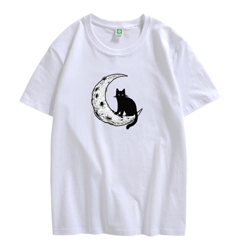CORIRESHA Camiseta unisex de manga corta con cuello redondo y diseño de gato lunar, informal, de algodón suave