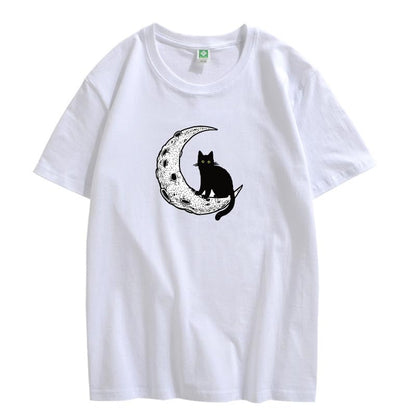 CORIRESHA Camiseta unisex de manga corta con cuello redondo y diseño de gato lunar, informal, de algodón suave