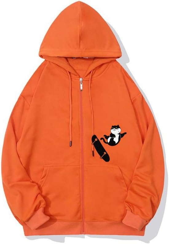 CORIRESHA Teens Cat Lovers Zip Hoodie Casual Drawstring Cute Skateboard Sweatshirt