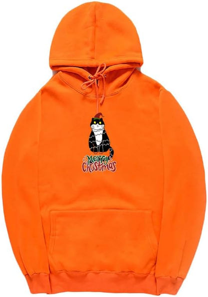 CORIRESHA Women's Unisex Cute Christmas Cat Hoodie Long Sleeve Drawstring Pocket Funny Sweatshirt