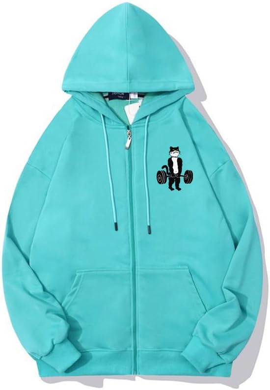 CORIRESHA Unisex Weightlifting Cat Zip Hoodie Long Sleeve Drawstring Fall Jacket