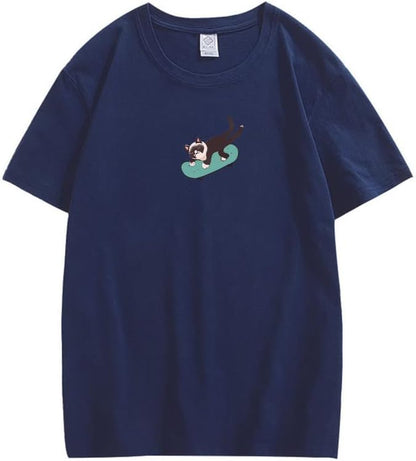 CORIRESHA Hombres Mujeres Monopatín Gato Cuello Redondo Manga Corta Suelta Tallas Grandes Camisetas