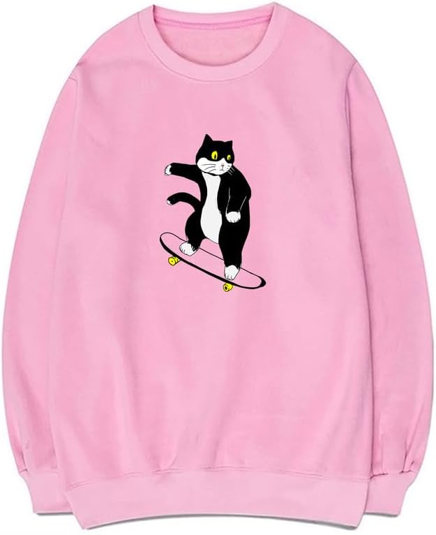 CORIRESHA Teen Cute Cat Skateboard Crew Neck Long Sleeve Soft Cotton Sweatshirt