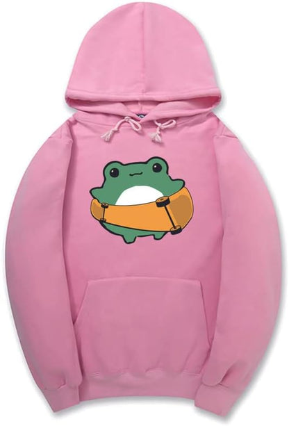 CORIRESHA Women's Cute Frog Hoodie Skateboard Soft Cozy Cotton Drawstring Sweatshirt
