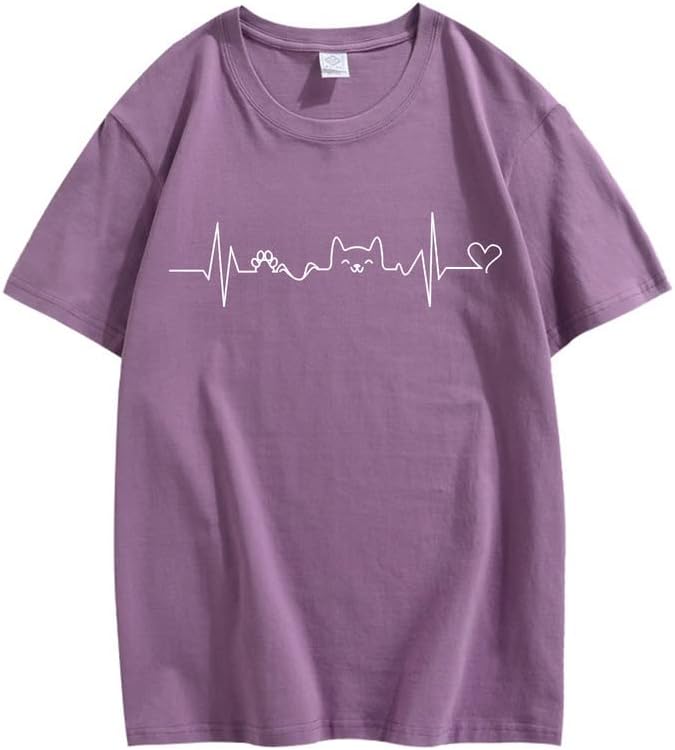 CORIRESHA Women's Funny Cat Lovers Heartbeat Shirts Teens Cute T-Shirts