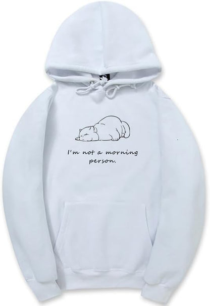 CORIRESHA Sudadera con capucha unisex con diseño de gato durmiendo, informal, de manga larga, con cordón y letras de algodón