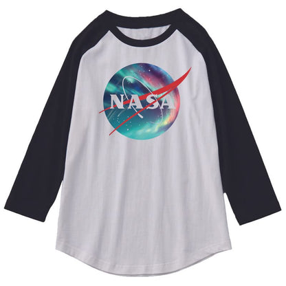 CORIRESHA Unisex NASA Logo Print Color Block 3/4 Raglan Sleeves Crew Neck Cozy Cotton T-Shirt