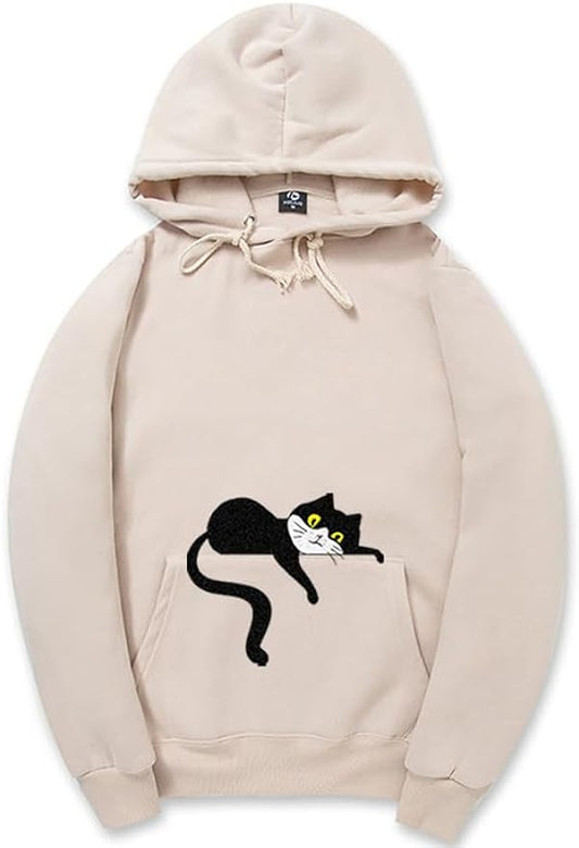 CORIRESHA Unisex Cute Lazy Cat Hoodie Long Sleeve Drawstring Pocket Cotton Sweatshirt