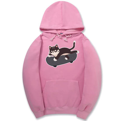 CORIRESHA Amantes de los gatos Sudadera con capucha linda Monopatín Casual Cordón Manga larga Sudadera unisex