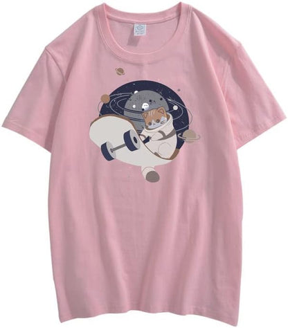 CORIRESHA Teen Cute Cat Skateboard Round Neck Short Sleeve Loose Space T-Shirt