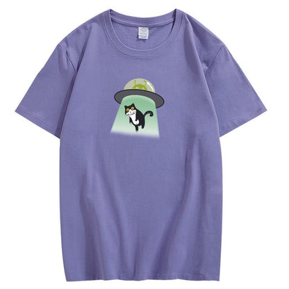 CORIRESHA Alien nave espacial abducción gato vintage unisex divertido espacio camiseta