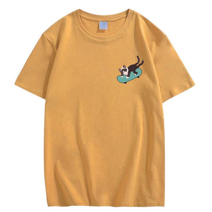 CORIRESHA Teen Kawaii Ropa Skateboard Cat Casual Cuello Redondo Camiseta de Algodón Suave