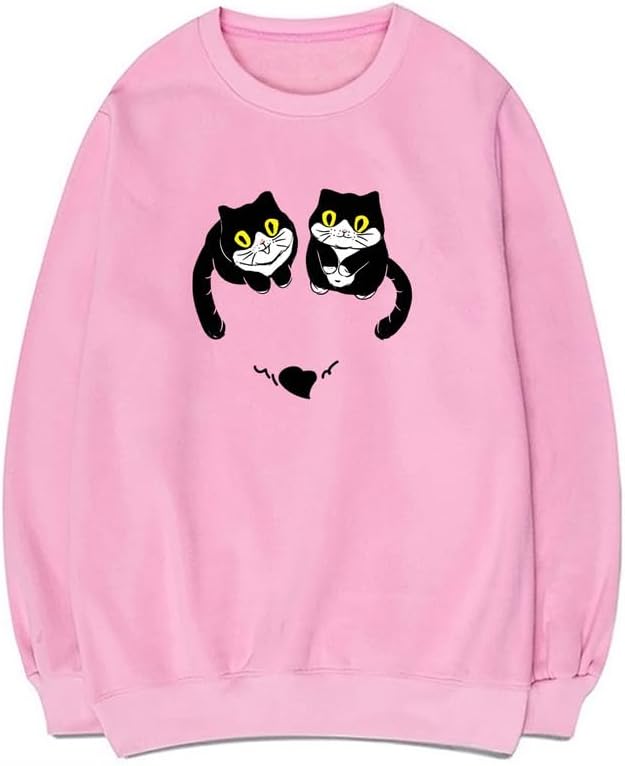 CORIRESHA Unisex Cute Cat Sweatshirts Crewneck Long Sleeves Casual Hearts Pullovers