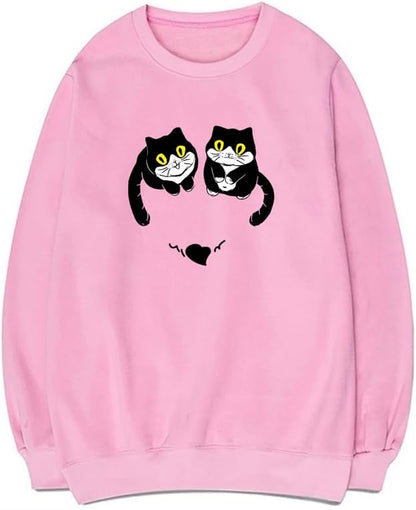 CORIRESHA Unisex Cute Cat Sweatshirts Crewneck Long Sleeves Casual Hearts Pullovers
