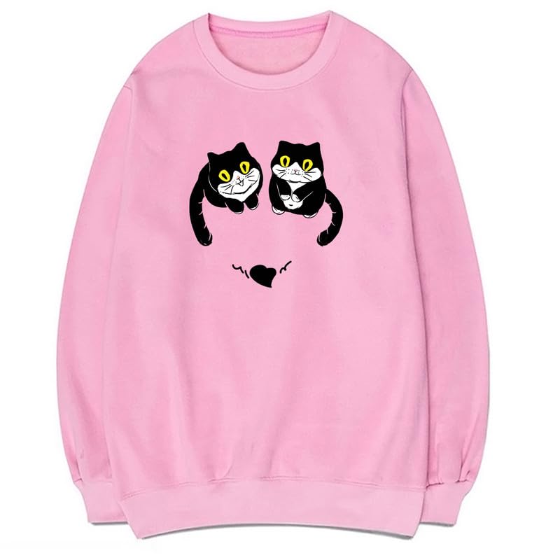 CORIRESHA Unisex Cute Cat Sweatshirts Crewneck Long Sleeves Casual Hearts Pullovers