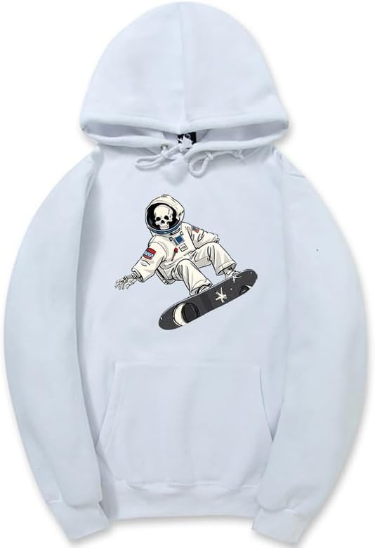 CORIRESHA Unisex Halloween Skull Astronaut Hoodie Casual Long Sleeve Drawstring Skateboarding Sweatshirt