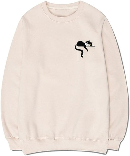 CORIRESHA Unisex Cute Lazy Cat Crew Neck Long Sleeve Soft Basic Sweatshirt