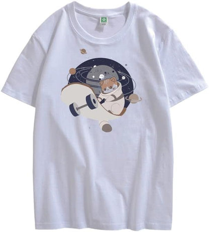 CORIRESHA Camiseta holgada de manga corta con cuello redondo y monopatín de gato lindo para adolescente