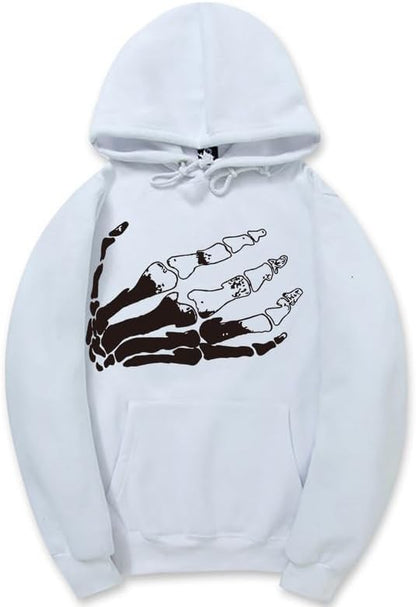 CORIRESHA Halloween Skeleton Palm Print Hoodie Casual Long Sleeve Drawstring Basic Unisex Sweatshirt