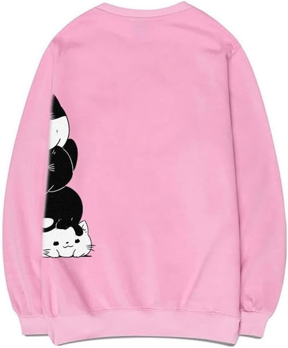 CORIRESHA Teen Cute Cat Crew Neck Long Sleeve Simple Cotton Pullover Sweatshirt