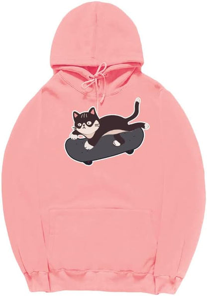 CORIRESHA Amantes de los gatos Sudadera con capucha linda Monopatín Casual Cordón Manga larga Sudadera unisex