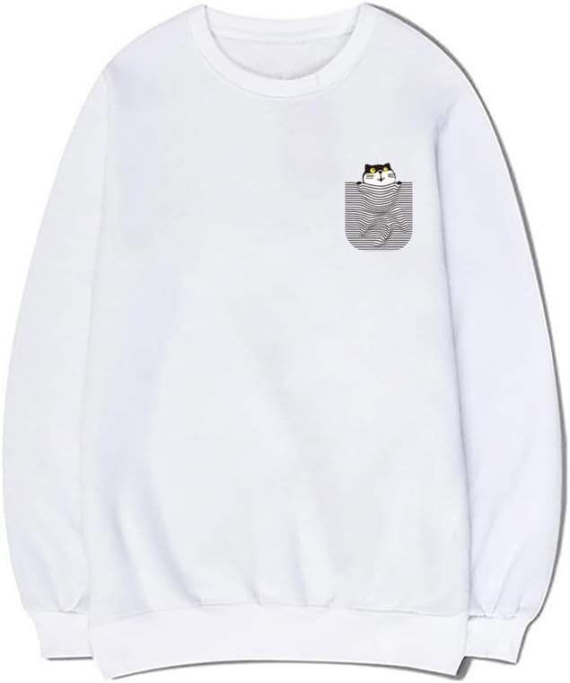 CORIRESHA Cute Pocket Cat Sweatshirt Crew Neck Long Sleeve Soft Cotton Pullover