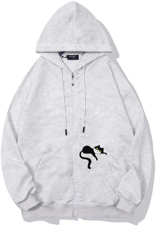 CORIRESHAUnisex Cute Lazy Cat Zip Hoodie Drawstring Fall Comfy Sweatshirt
