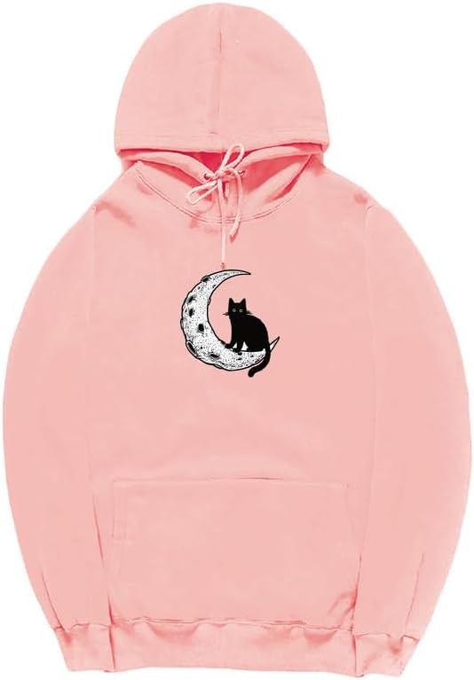 CORIRESHA Sudadera con capucha unisex Moon Cat Casual de manga larga suave y linda sudadera con bolsillo