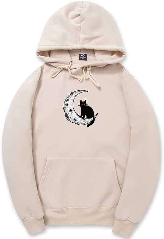 CORIRESHA Sudadera con capucha unisex Moon Cat Casual de manga larga suave y linda sudadera con bolsillo