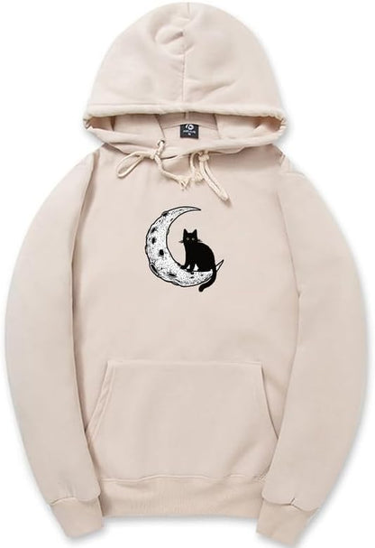 CORIRESHA Sudadera con capucha unisex Moon Cat Casual de manga larga suave y linda sudadera con bolsillo