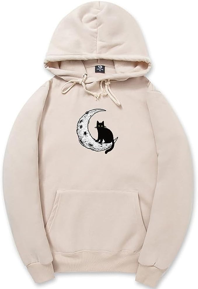 CORIRESHA Sudadera con capucha unisex Moon Cat Casual de manga larga suave y linda sudadera con bolsillo