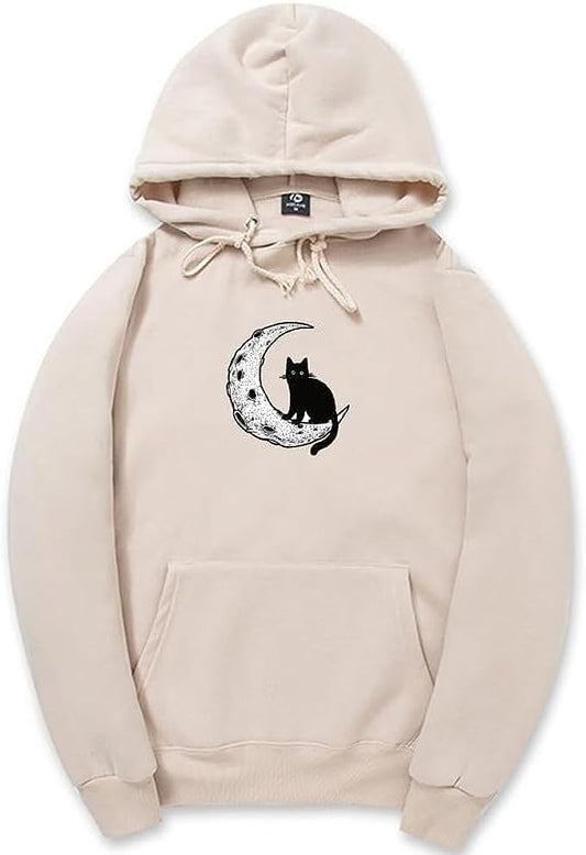 CORIRESHA Sudadera con capucha unisex Moon Cat Casual de manga larga suave y linda sudadera con bolsillo
